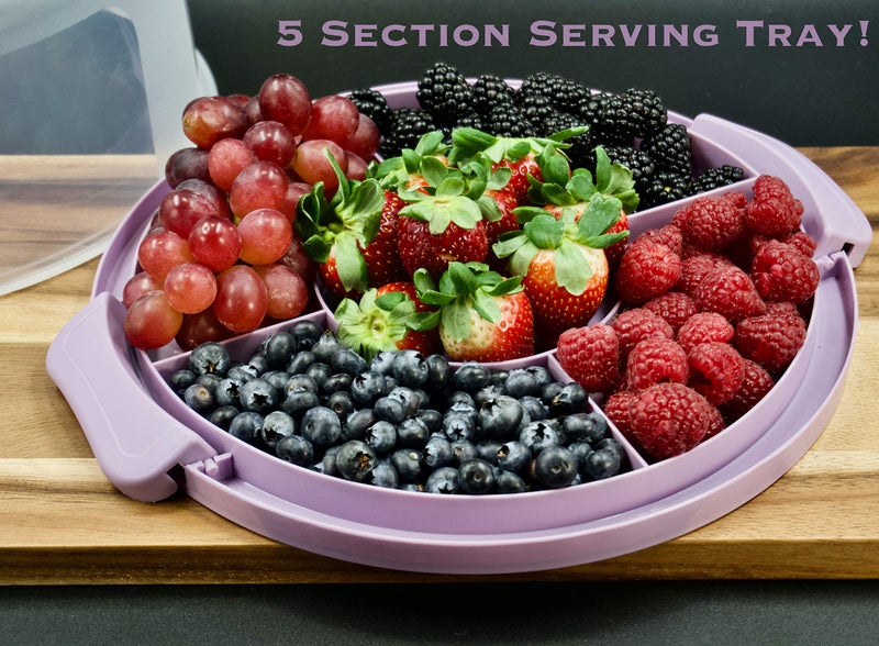 Top Shelf Elements Round Cake Carrier Two Sided Cake Holder Serves as Five Section Serving Tray, Portable Cake Stand Fits 10 inch Cake, Cake Box Comes With Handle, Cake Container Holds Pies (Lilac) - Image 4